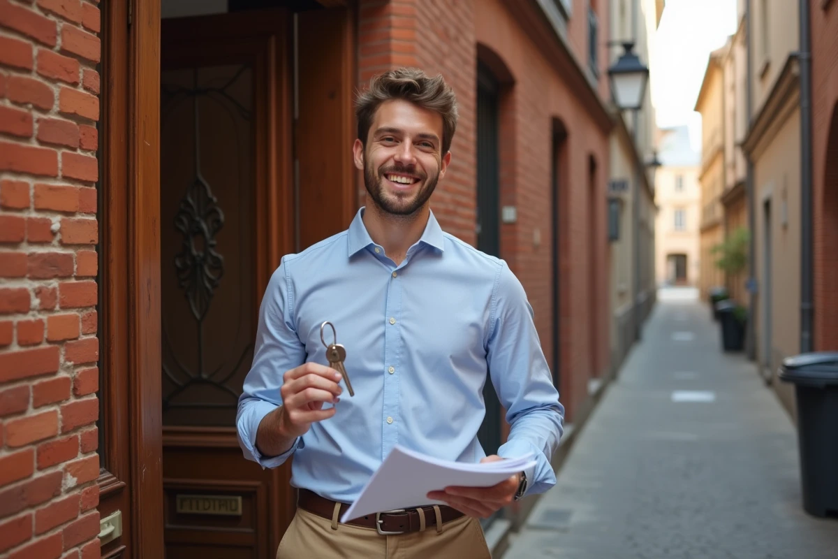 Jeune homme devant un immeuble toulousain avec clés