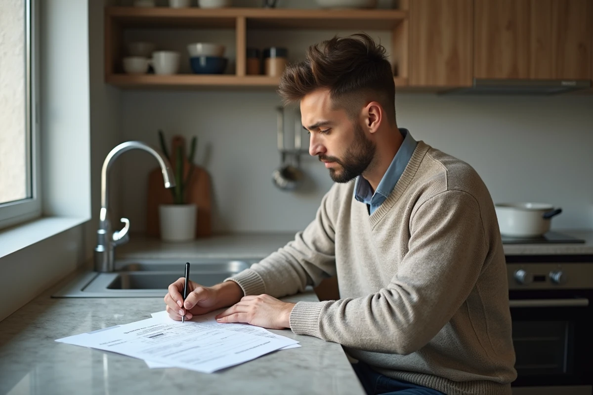 Jeune homme examine documents dans une cuisine moderne