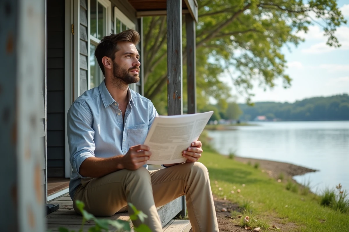Jeune homme assis sur le pas de la maison au bord du lac