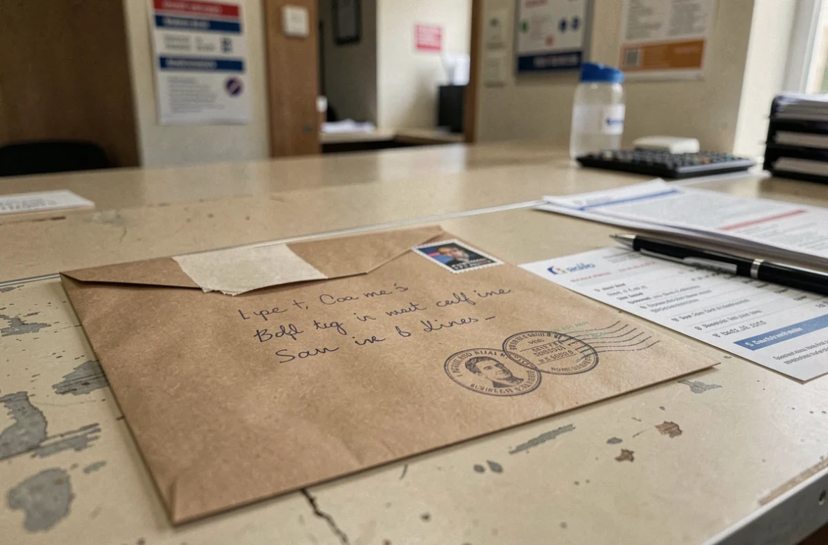 Enveloppe de lettre recommandée pour résilier une assurance habitation posée sur un comptoir de bureau de poste français