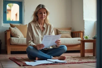Femme marocaine consultant des documents de location longue durée dans un appartement typique d'Essaouira avec murs blanchis et sol en zellige