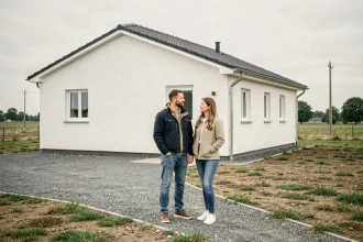 Couple devant une maison neuve à petit budget de 80 000 euros avec facade simple et terrain en cours d'aménagement