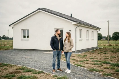 Couple devant une maison neuve à petit budget de 80 000 euros avec facade simple et terrain en cours d'aménagement