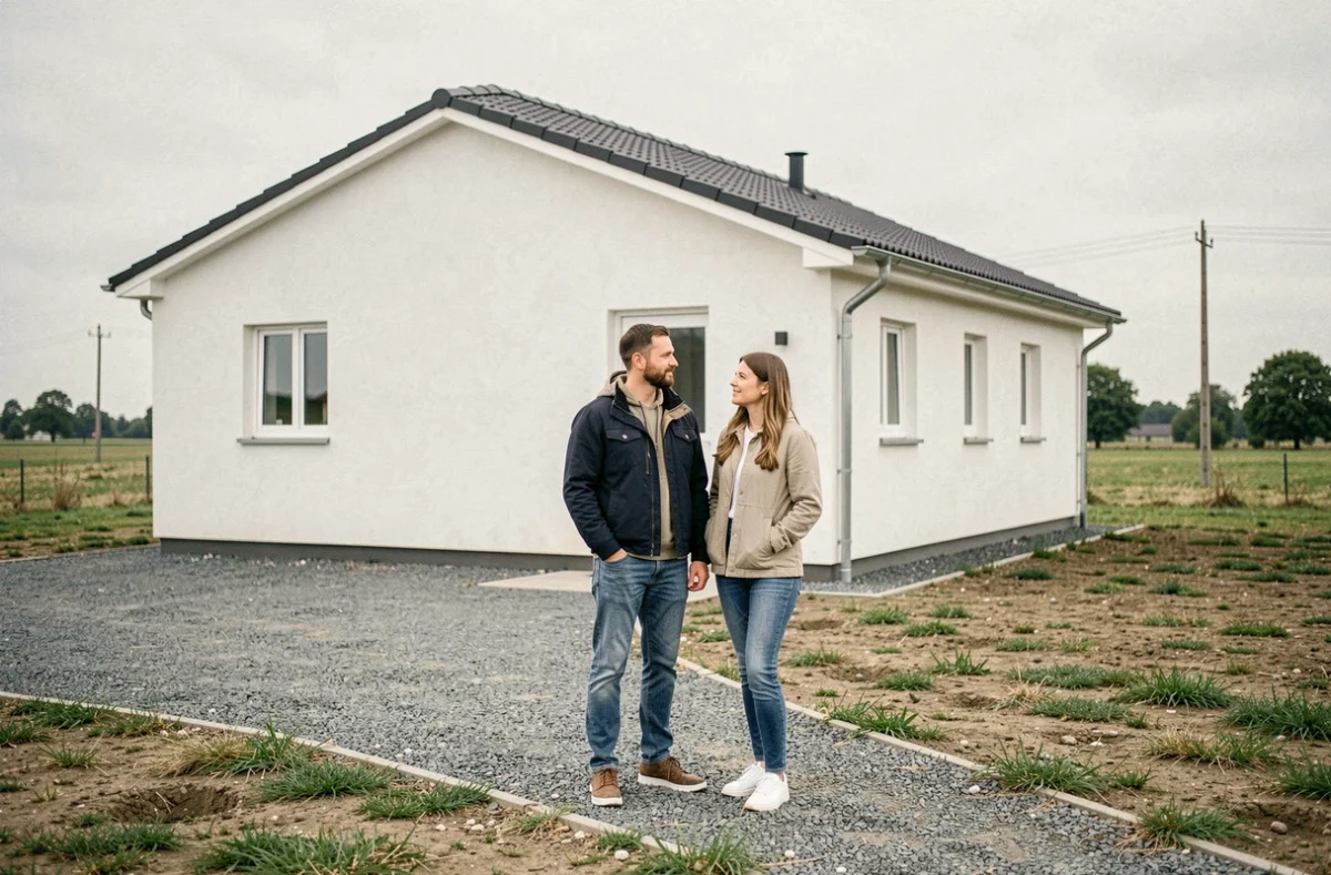 Couple devant une maison neuve à petit budget de 80 000 euros avec facade simple et terrain en cours d'aménagement
