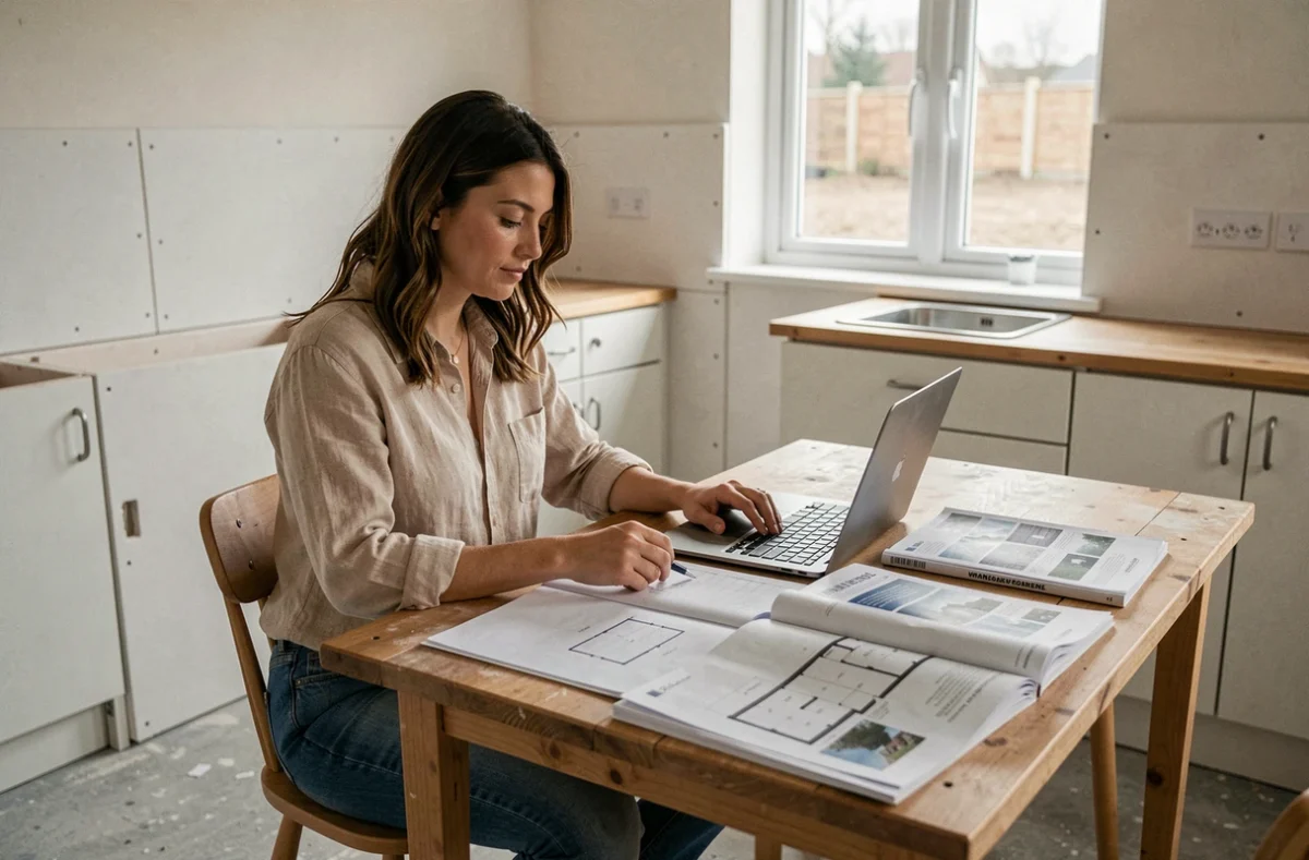 Femme étudiant les plans et catalogues de constructeur pour une maison à 80 000 euros dans une cuisine simple et non finie