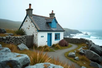 Petite maison de pêcheur en pierre bretonne avec volets bleus au bord de la mer à vendre en Bretagne