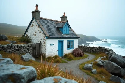 Petite maison de pêcheur en pierre bretonne avec volets bleus au bord de la mer à vendre en Bretagne