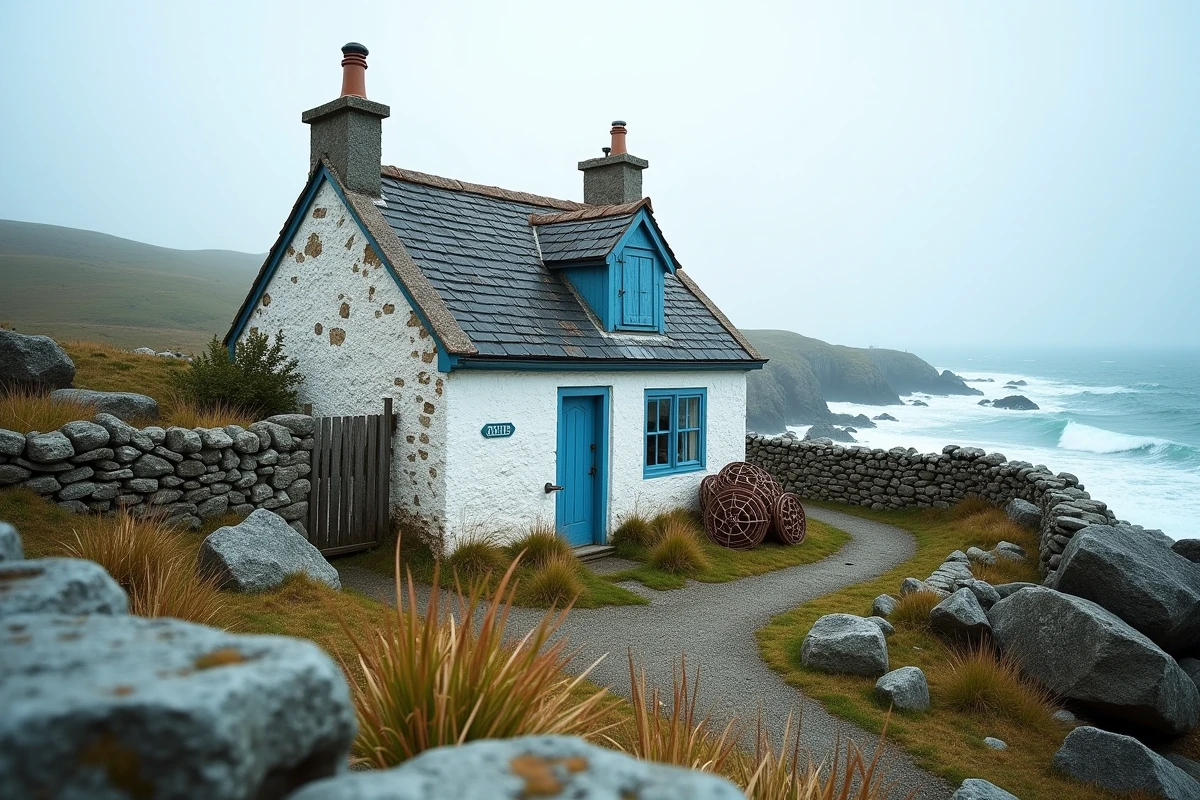 Petite maison de pêcheur en pierre bretonne avec volets bleus au bord de la mer à vendre en Bretagne