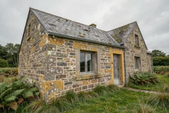 Façade en pierre de granit d'une maison bretonne ancienne à rénover, avec des murs abîmés et une toiture en ardoise dégradée