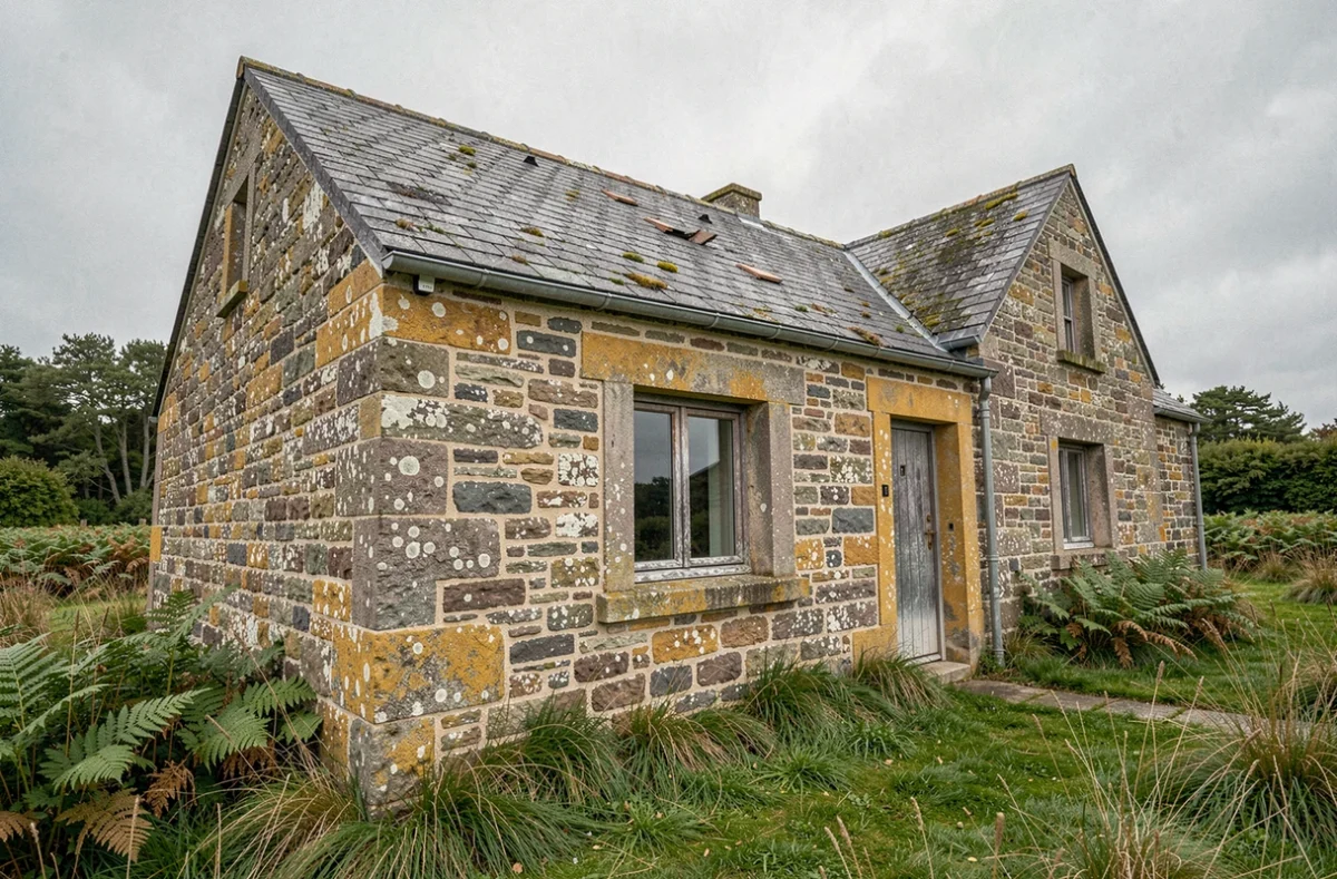 Façade en pierre de granit d'une maison bretonne ancienne à rénover, avec des murs abîmés et une toiture en ardoise dégradée