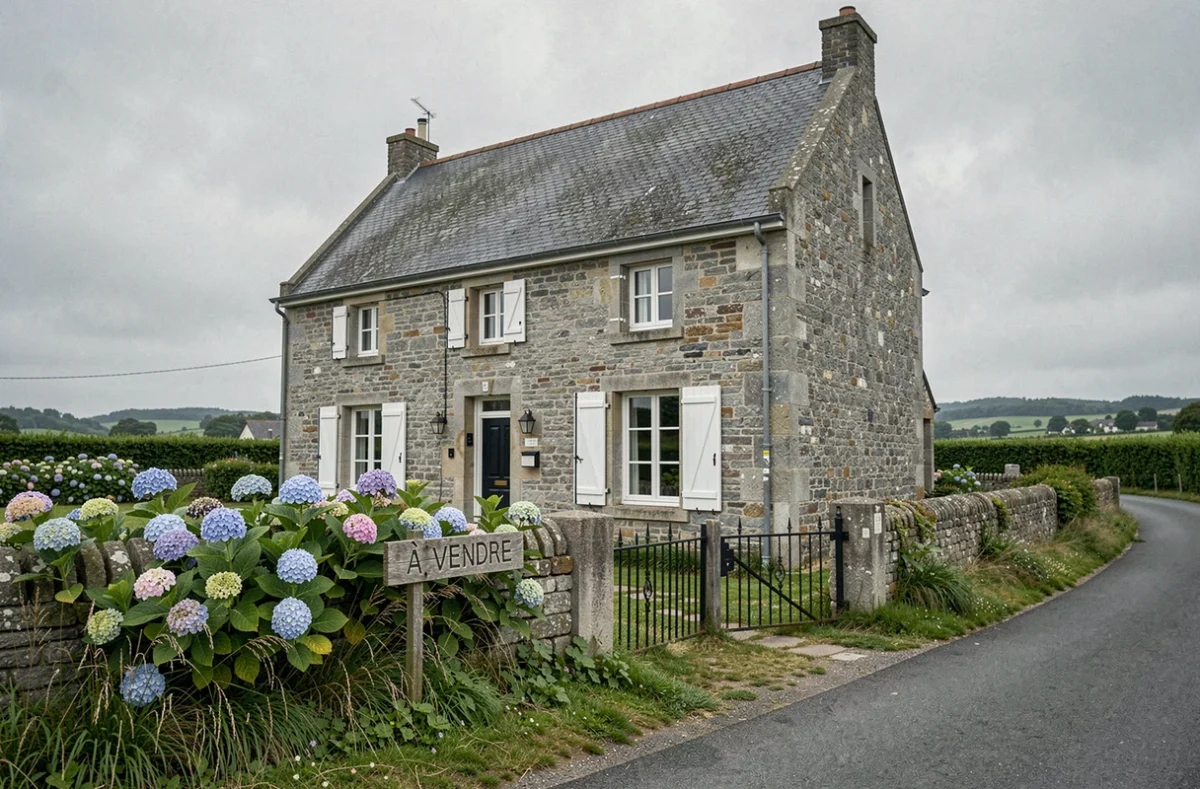 Maison en pierre bretonne à vendre dans le Morbihan avec panneau À Vendre dans un jardin abandonné lors d'un divorce