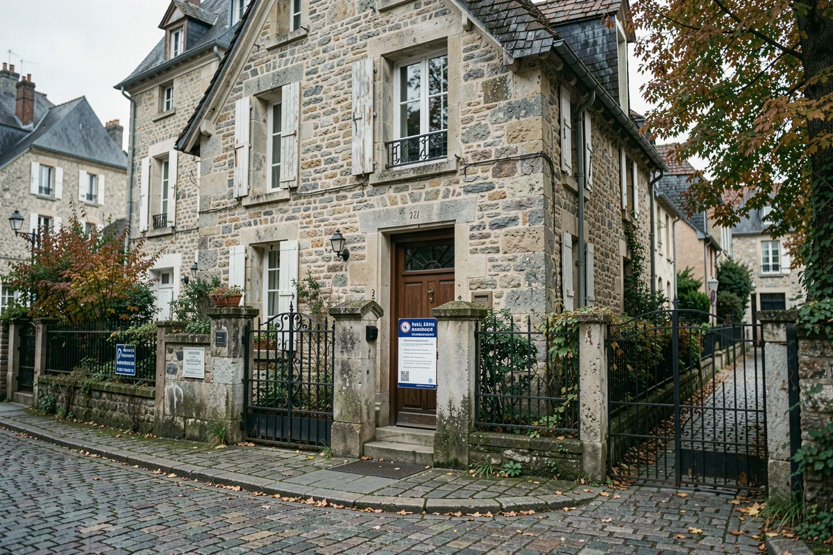 Maison familiale française avec avis légal en façade, symbolisant les blocages juridiques liés au démembrement de propriété lors d'une succession