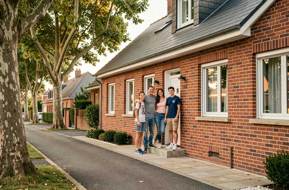 Famille devant une maison en briques rouges nouvellement construite par Maisons Berval en Île-de-France