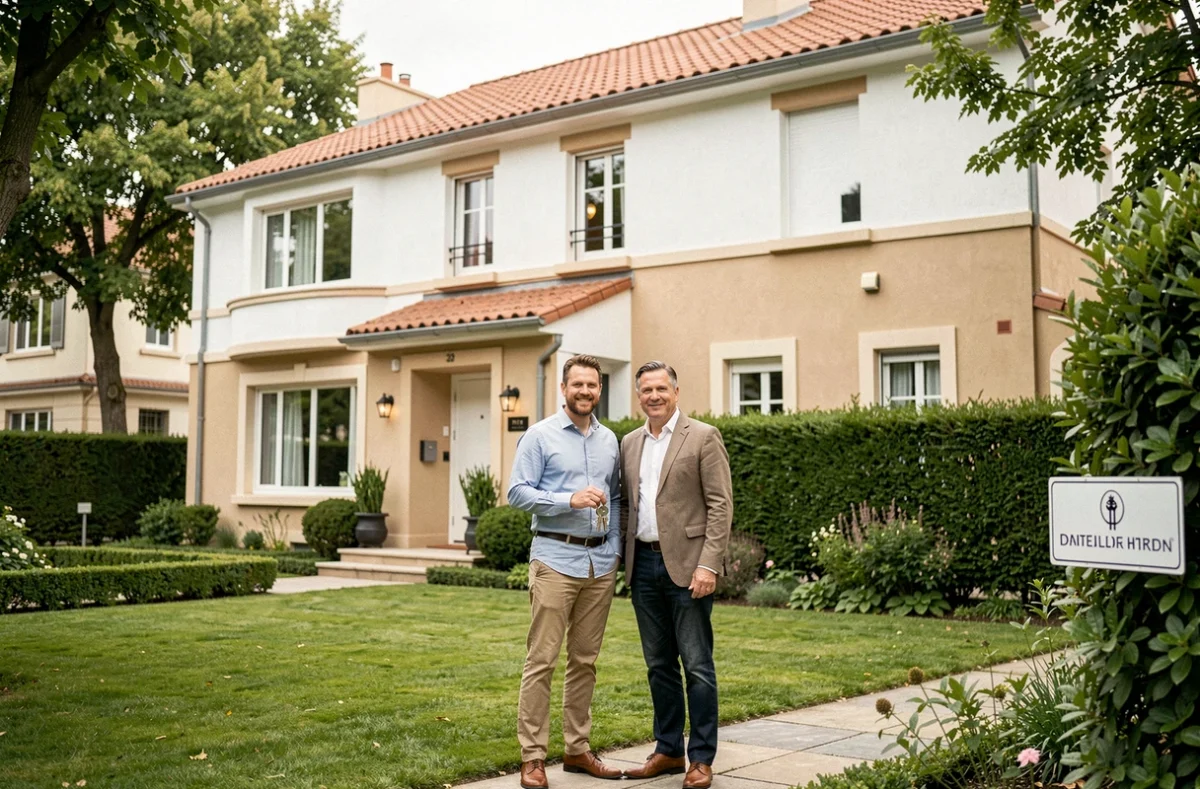 Couple devant une maison neuve construite par Maisons France Confort en banlieue parisienne