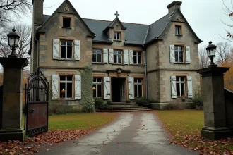 Manoir abandonné classé aux monuments historiques avec façade en pierre et volets délabrés entourés de végétation envahissante