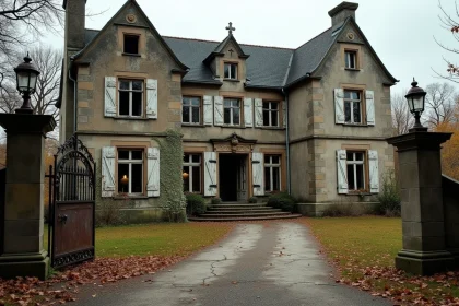 Manoir abandonné classé aux monuments historiques avec façade en pierre et volets délabrés entourés de végétation envahissante