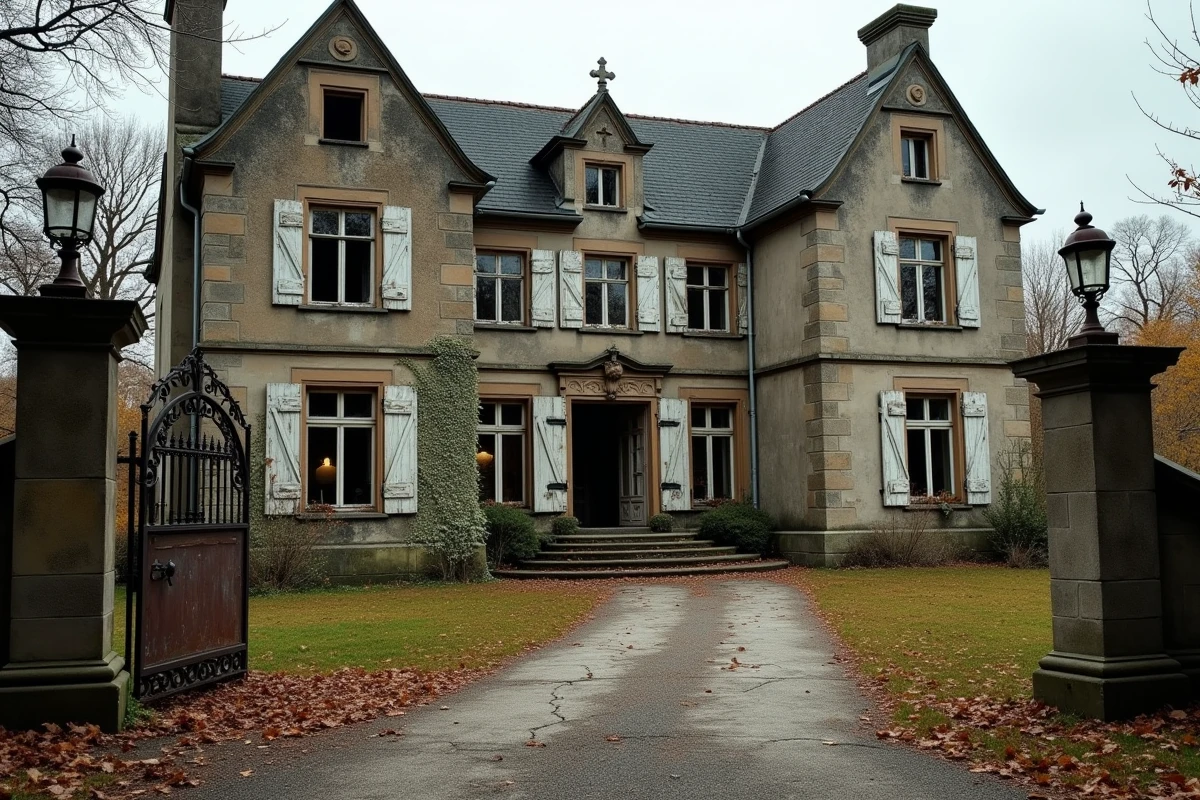 Manoir abandonné classé aux monuments historiques avec façade en pierre et volets délabrés entourés de végétation envahissante