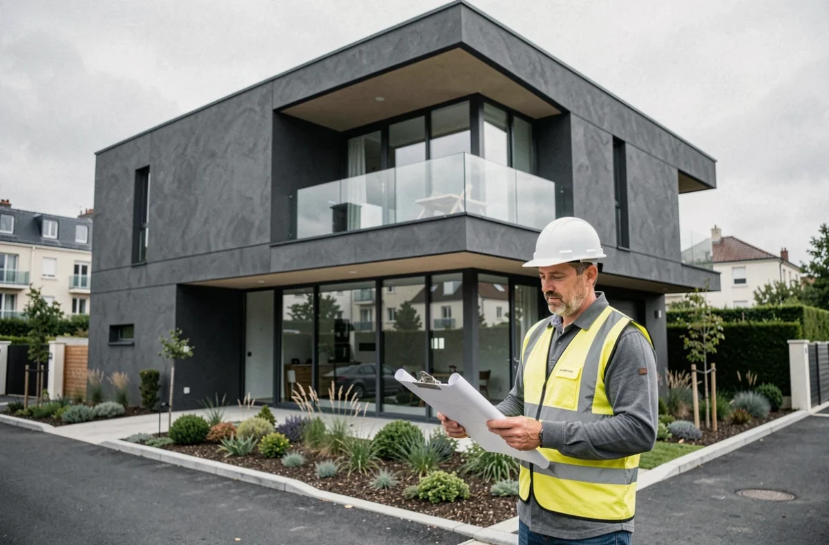 Maison contemporaine avec bardage en fibres-ciment anthracite et façade vitrée construite par Marcxell Construction en banlieue parisienne