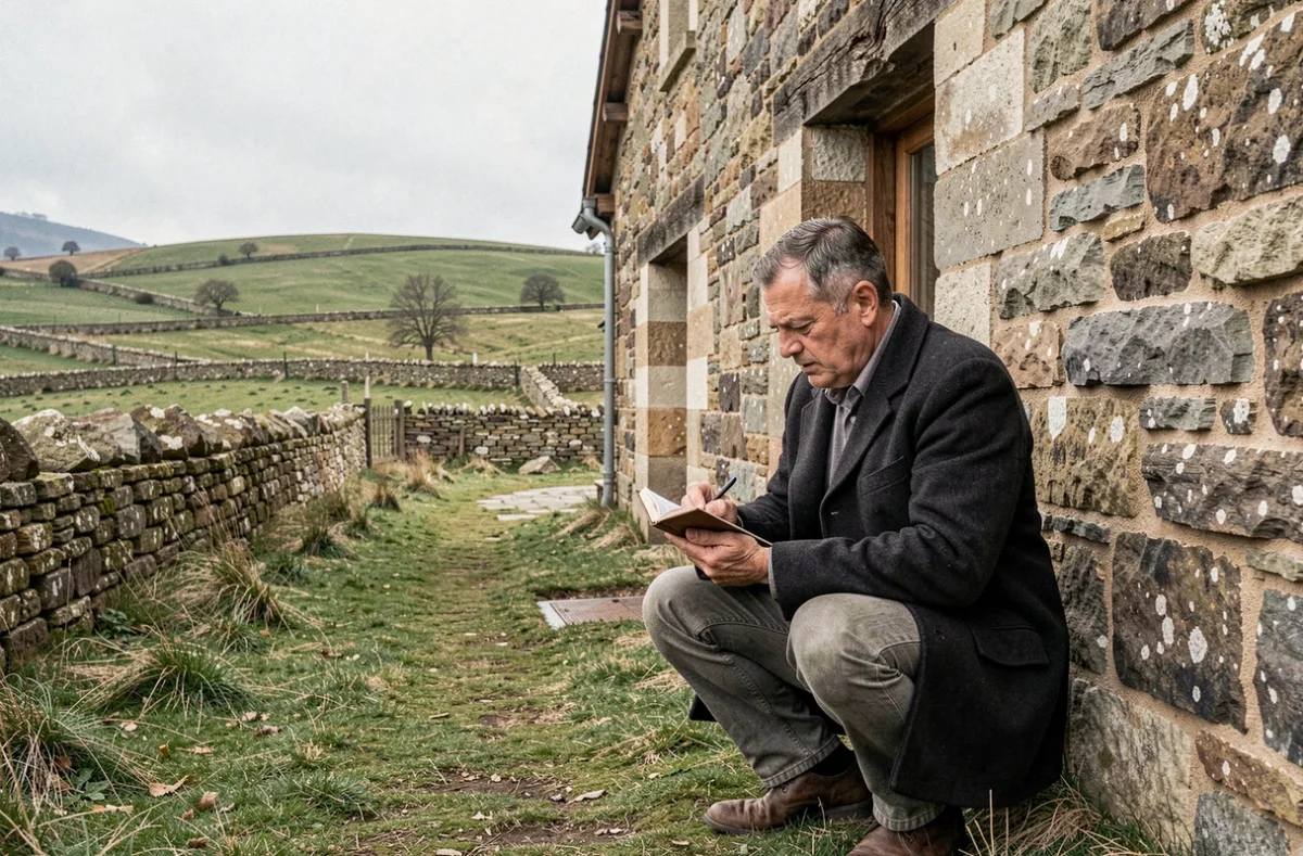 Expert MD Prospect Immo inspectant une ferme en pierre dans la campagne auvergnate