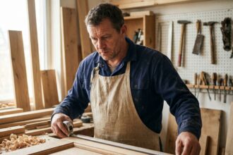 Menuisier professionnel mesurant un cadre de porte en bois dans un atelier artisanal à Rennes