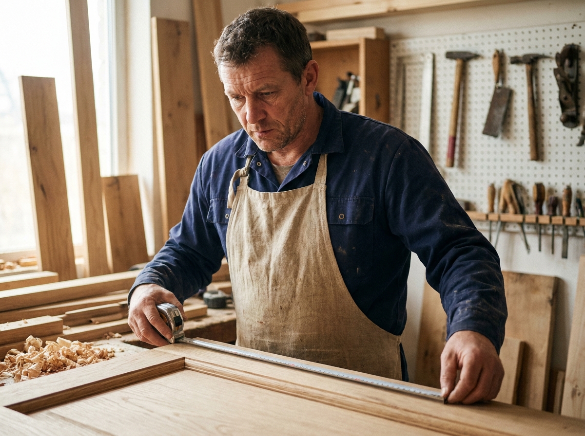 Menuisier professionnel mesurant un cadre de porte en bois dans un atelier artisanal à Rennes
