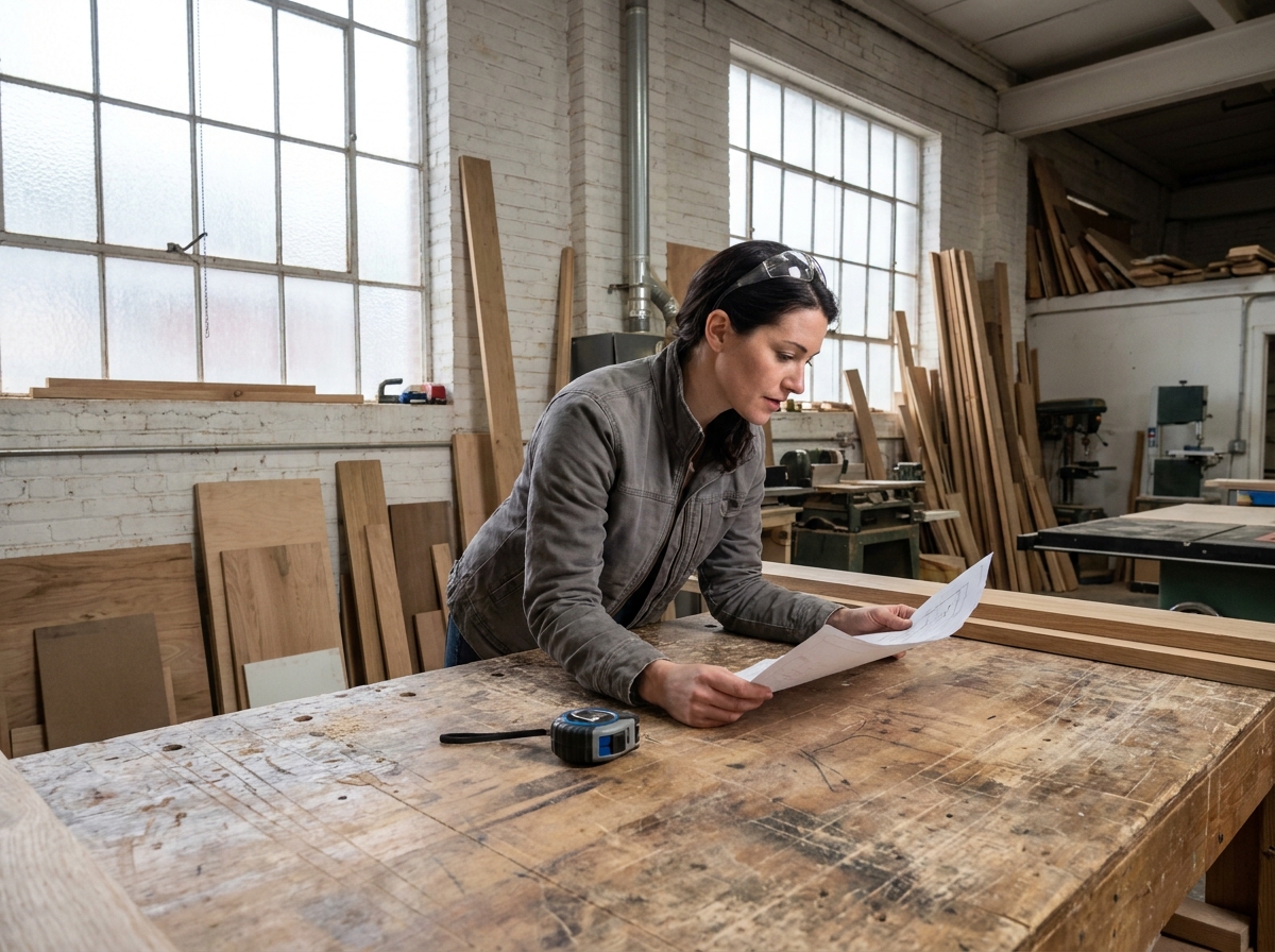 Menuisière étudiant des plans de fabrication dans un atelier de menuiserie moderne