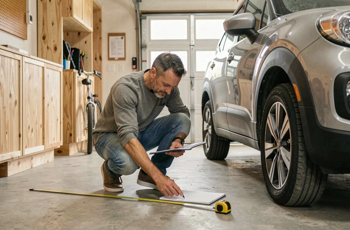 Propriétaire mesurant les dimensions de son garage individuel pour optimiser l'espace de stationnement et de stockage