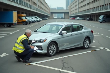 Expert mesurant la largeur d'une place de parking avec un mètre ruban sur un parking urbain extérieur