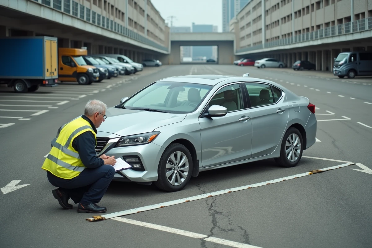 Expert mesurant la largeur d'une place de parking avec un mètre ruban sur un parking urbain extérieur
