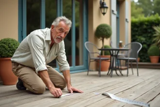 Homme mesurant la superficie de sa terrasse en bois pour estimer la taxe foncière