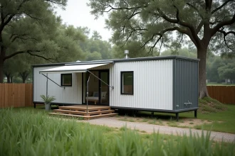 Mobil home moderne installé sur un terrain privé rural entouré d'arbres et d'une clôture en bois