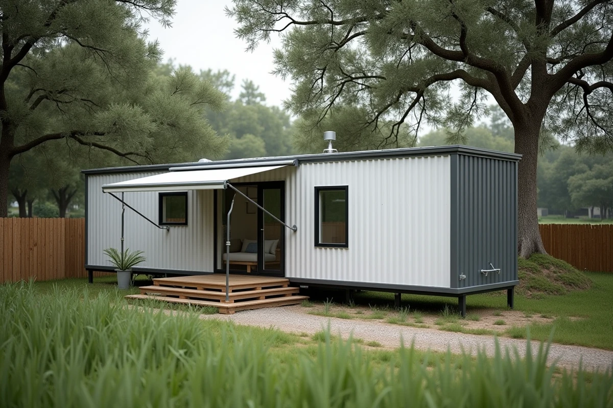 Mobil home moderne installé sur un terrain privé rural entouré d'arbres et d'une clôture en bois