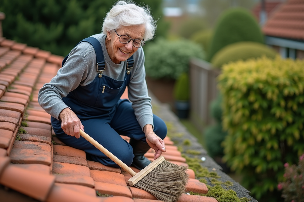 Femme âgée nettoyant des tuiles en terre cuite avec un balai