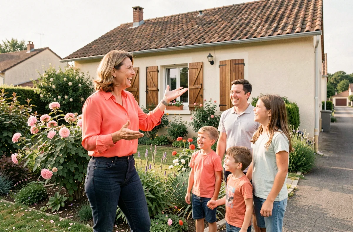 Chasseur de New Life accompagnant une famille dans la visite d'une maison en périphérie de Clermont-Ferrand