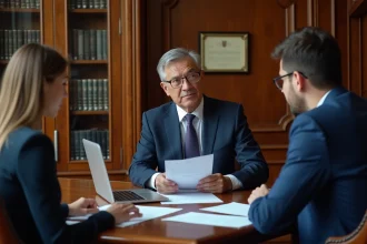 Notaire en costume bleu expliquant un rapport à un couple