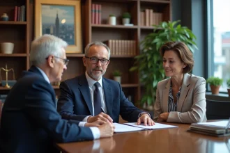 Notaire en costume explique des documents à une femme âgée