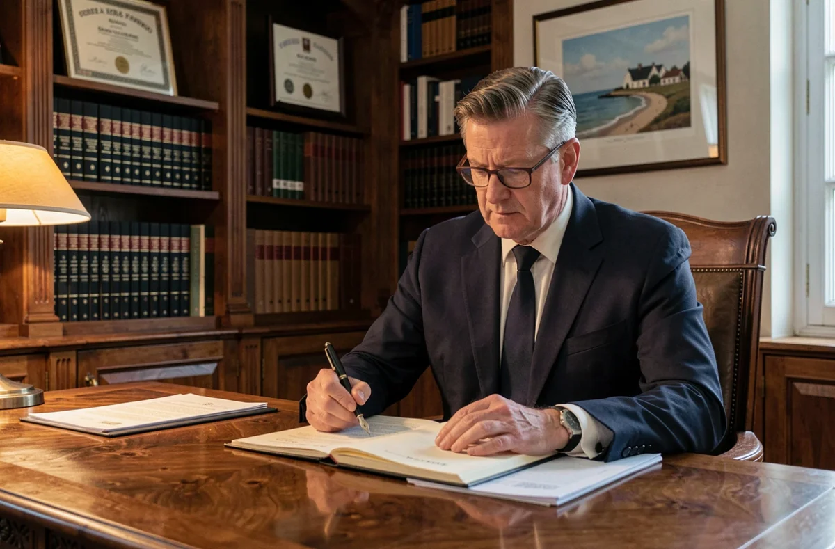 Notaire breton en costume marine examinant des documents de partage de bien immobilier lors d'un divorce dans le Morbihan