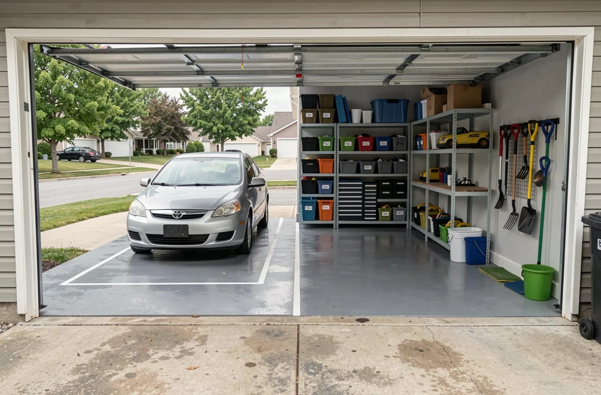 Vue extérieure d'un garage individuel organisé en deux zones distinctes pour le stationnement et le rangement, porte levée