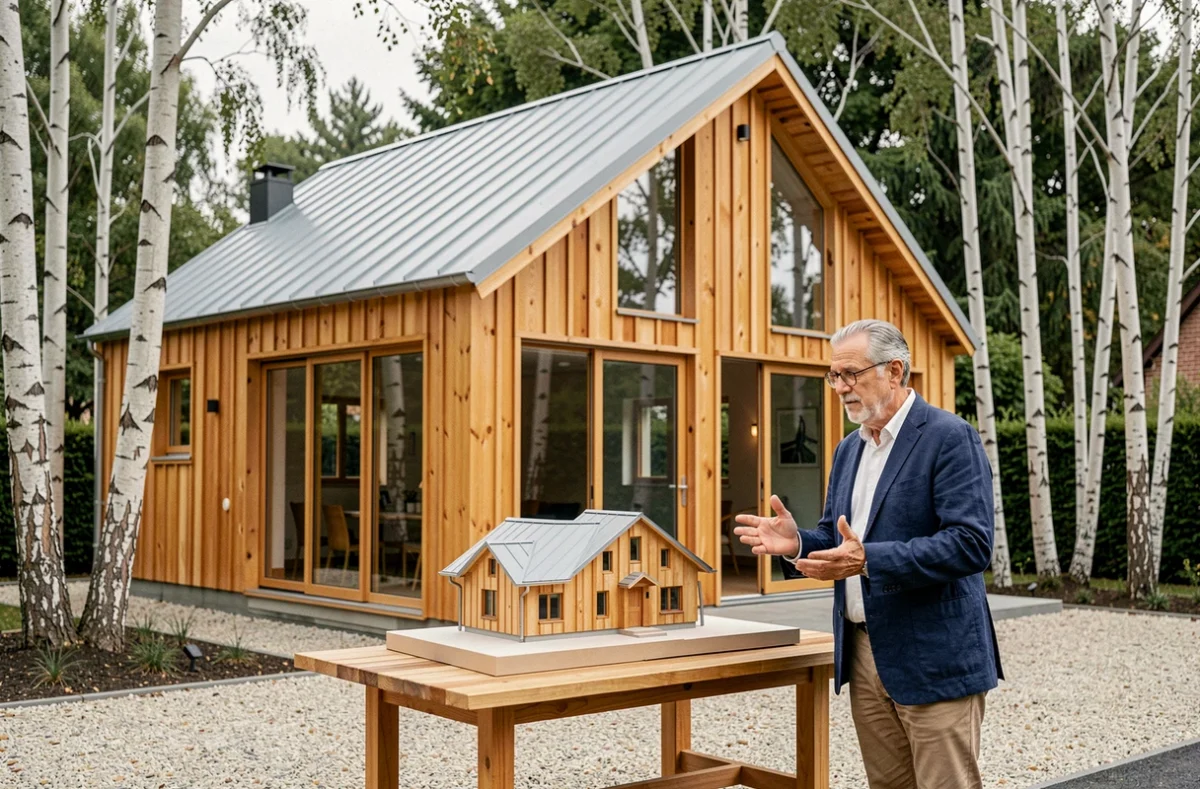 Maison à ossature bois avec bardage en Douglas et toiture zinc construite par Ossabois en région parisienne