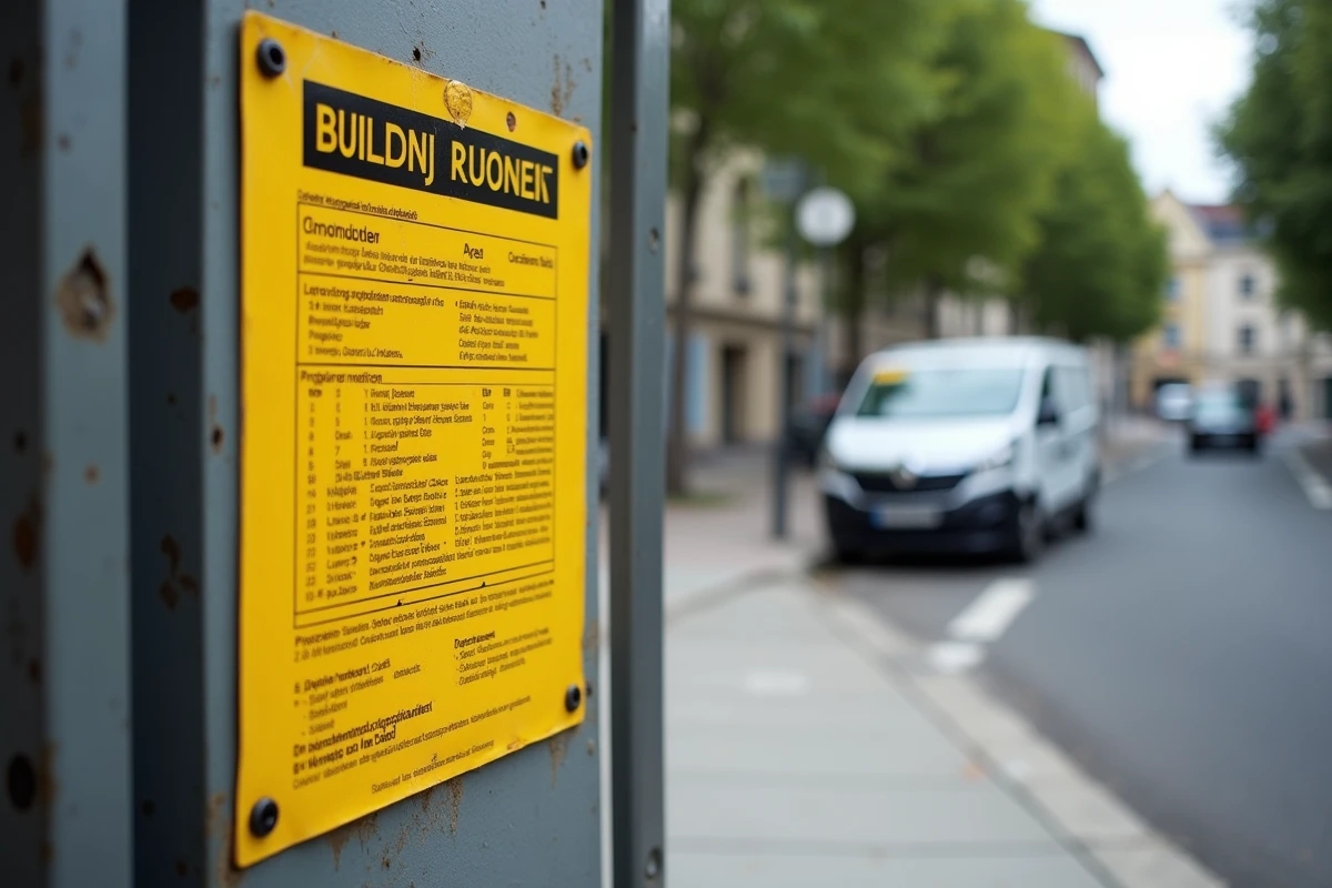 Gros plan sur un panneau réglementaire de permis de construire jaune affiché sur un chantier en milieu urbain français