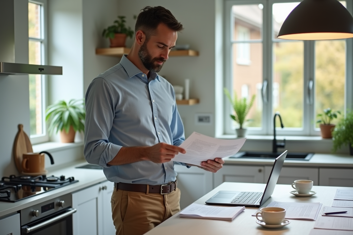 Père étudiant des documents avec une tablette dans la cuisine