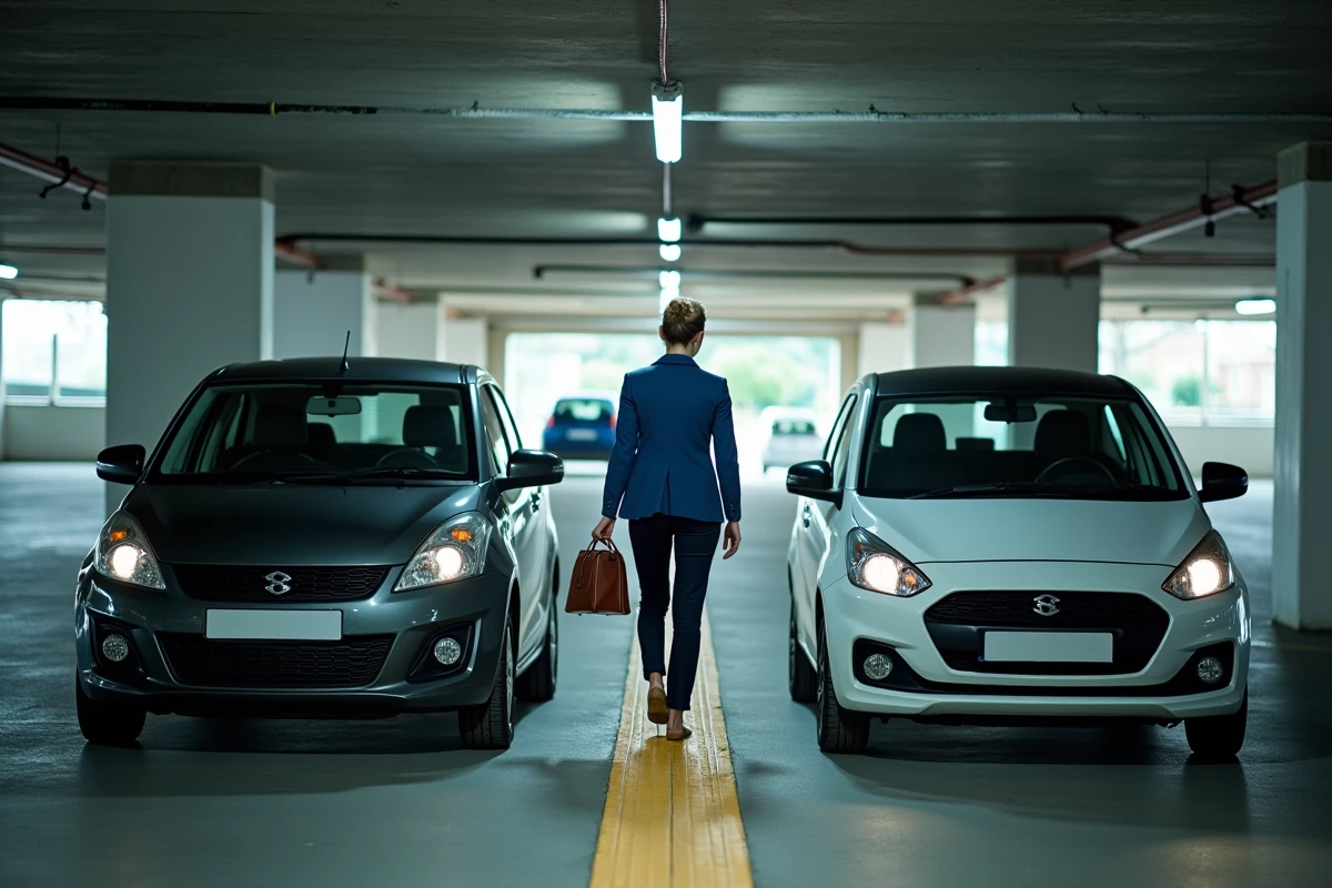 Femme se faufilant entre deux voitures garées dans un parking souterrain aux places étroites