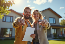 Deux personnes tenant des clés et documents d'assurance devant une maison moderne