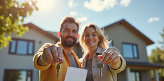 Deux personnes tenant des clés et documents d'assurance devant une maison moderne