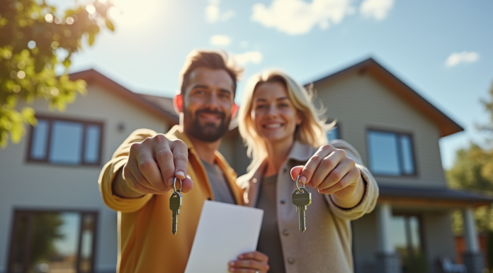 Deux personnes tenant des clés et documents d'assurance devant une maison moderne