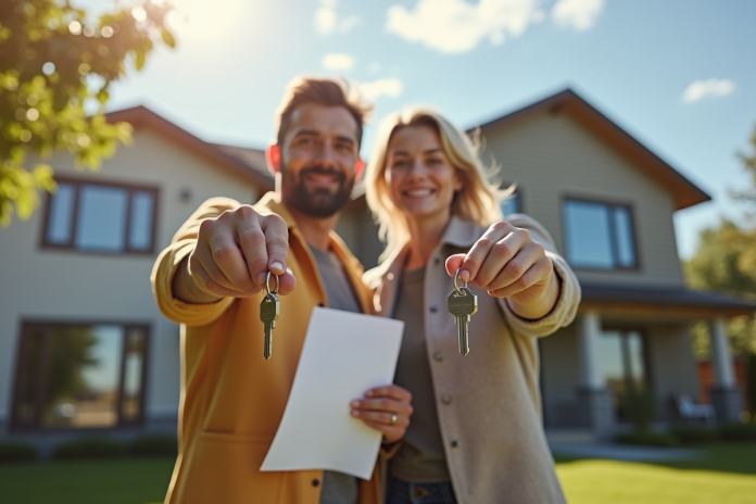 partenaires-contrats-maisons Deux personnes tenant des clés et documents d'assurance devant une maison moderne