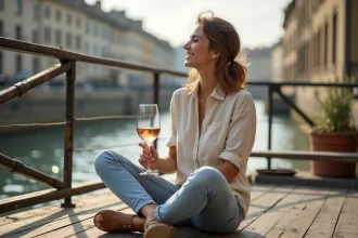 Jeune femme profitant d'un verre de vin sur le pont d'une péniche amarrée sur les quais de Lyon