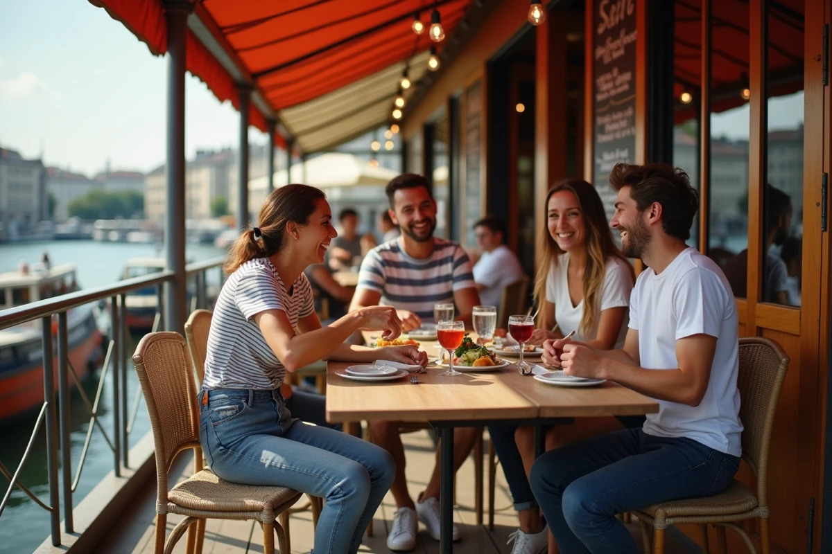 Groupe d'amis partageant un repas abordable sur la terrasse d'une péniche restaurant à Lyon