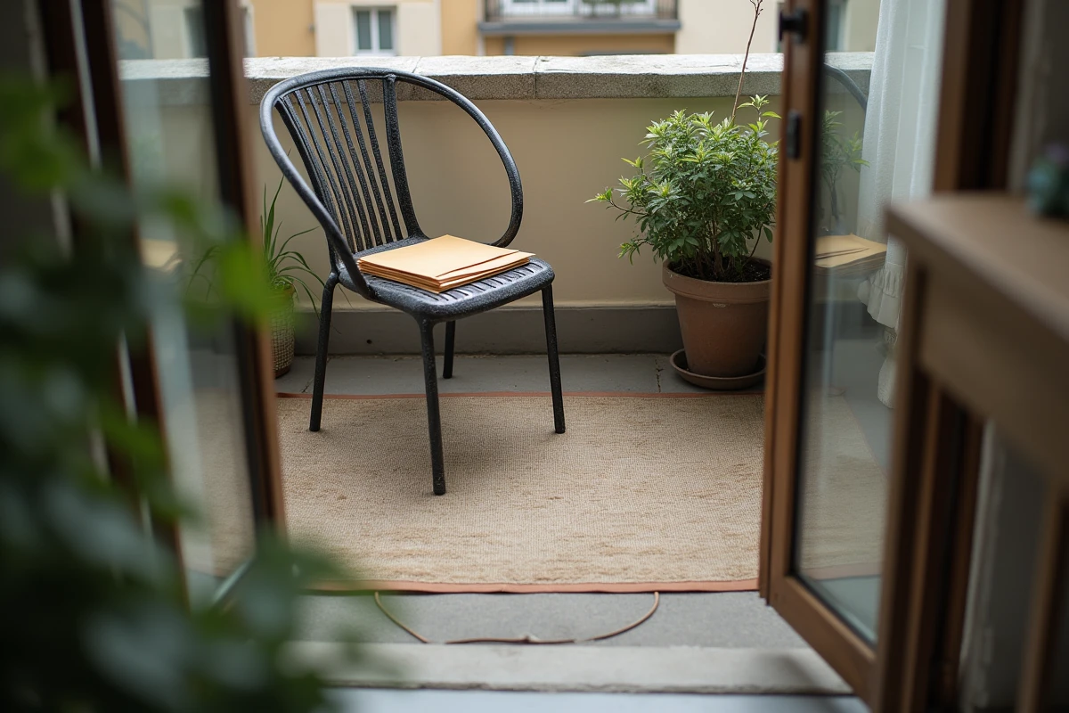 Petit balcon d'appartement avec courrier administratif évoquant la taxe foncière sur les terrasses