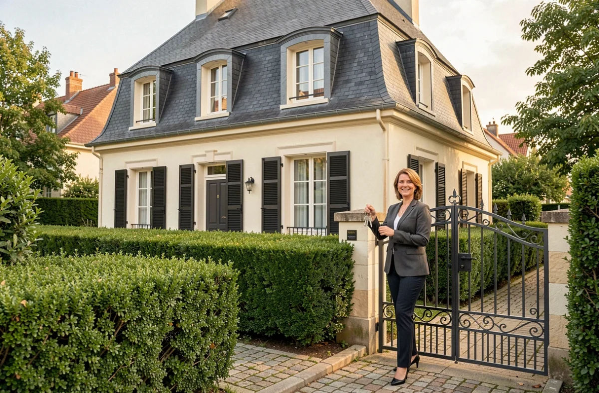 Pavillon traditionnel français avec volets sombres et portail en fer forgé construit par Phénix Habitat en région parisienne